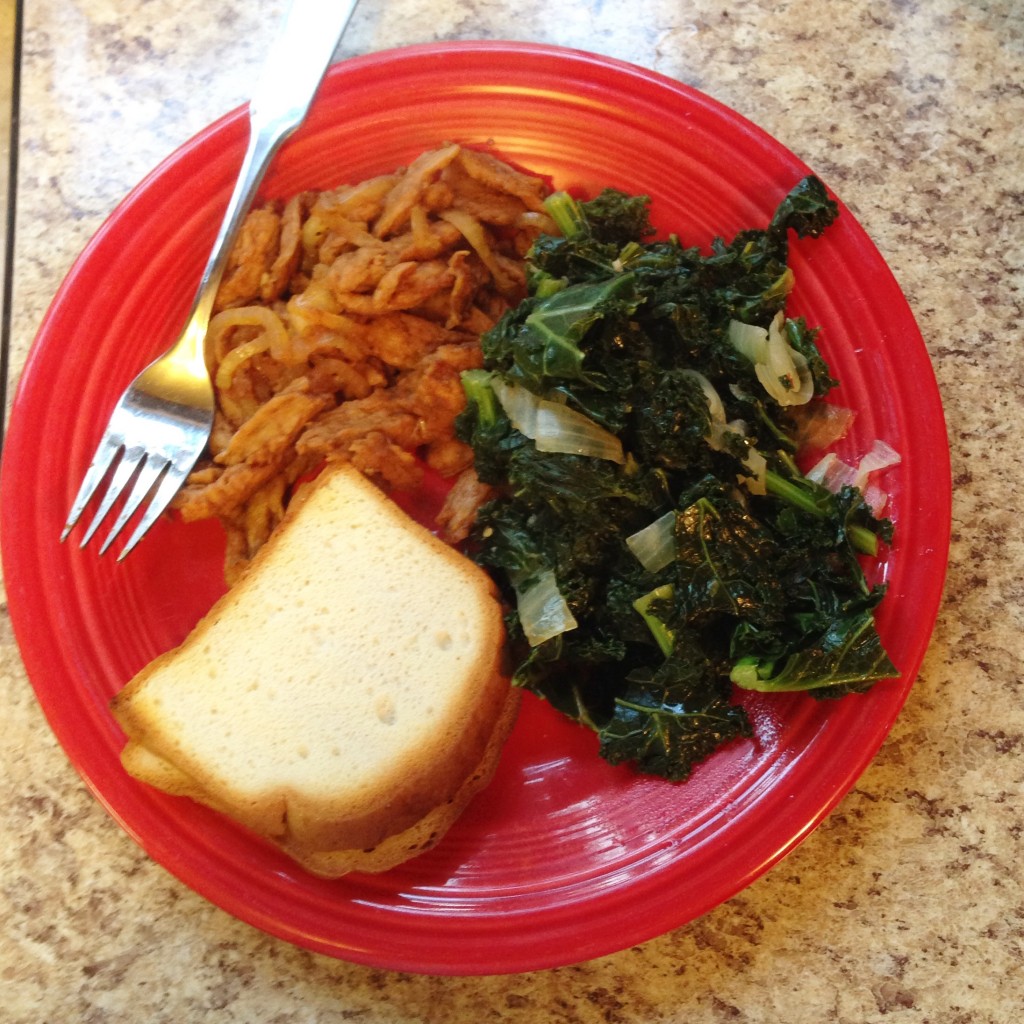 vegan bbq soy curls, kale, toast