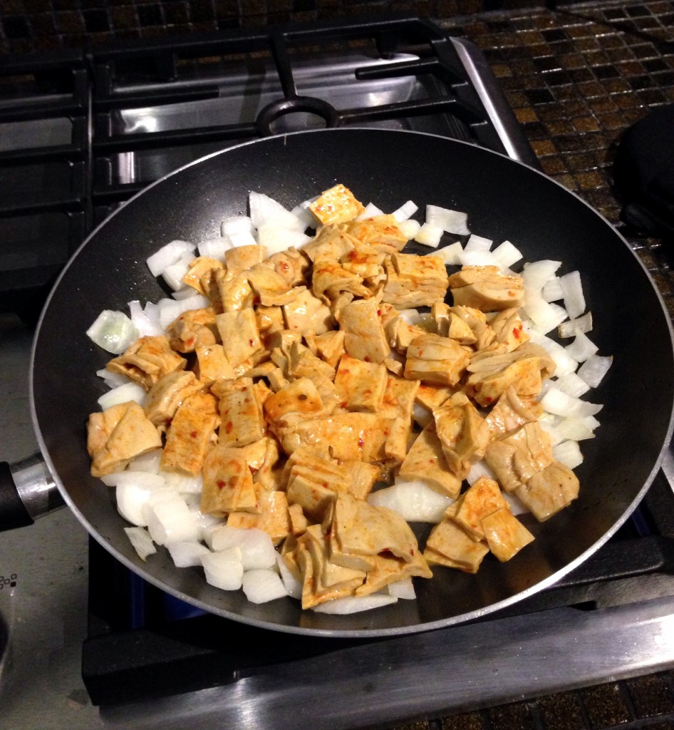 frying up wheat gluten in a pan